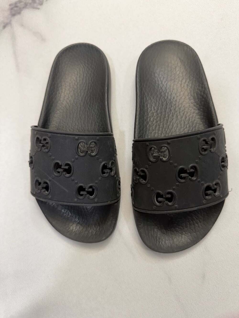 Gucci Pursuit GG Rhombi Perforated Rubber Slide Sandals Black